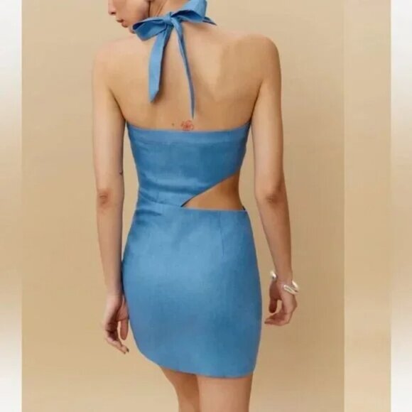 Reformation Valli Linen Halter Cut Out Mini Dress NWT Parisian Blue Size 8 - Picture 3 of 9
